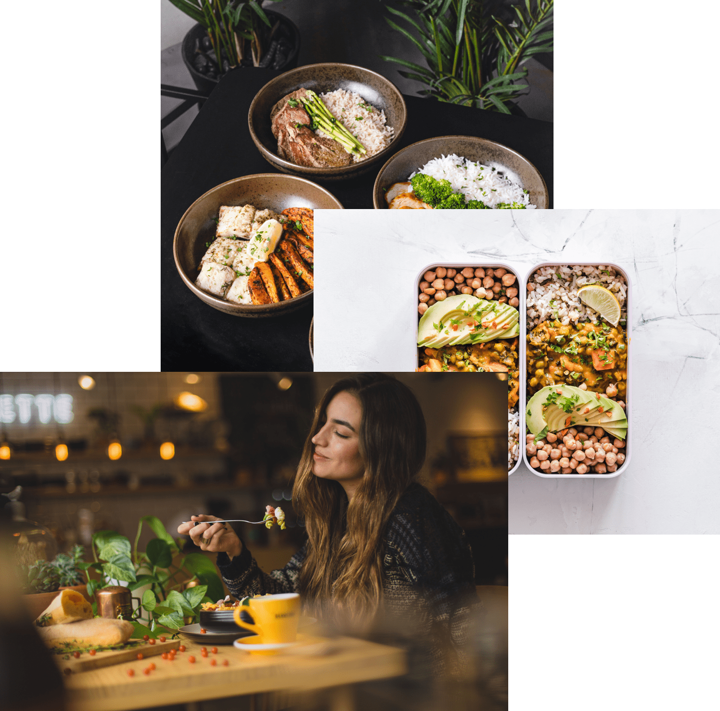 Woman enjoying food, meals in storage container, and food bowls on a table